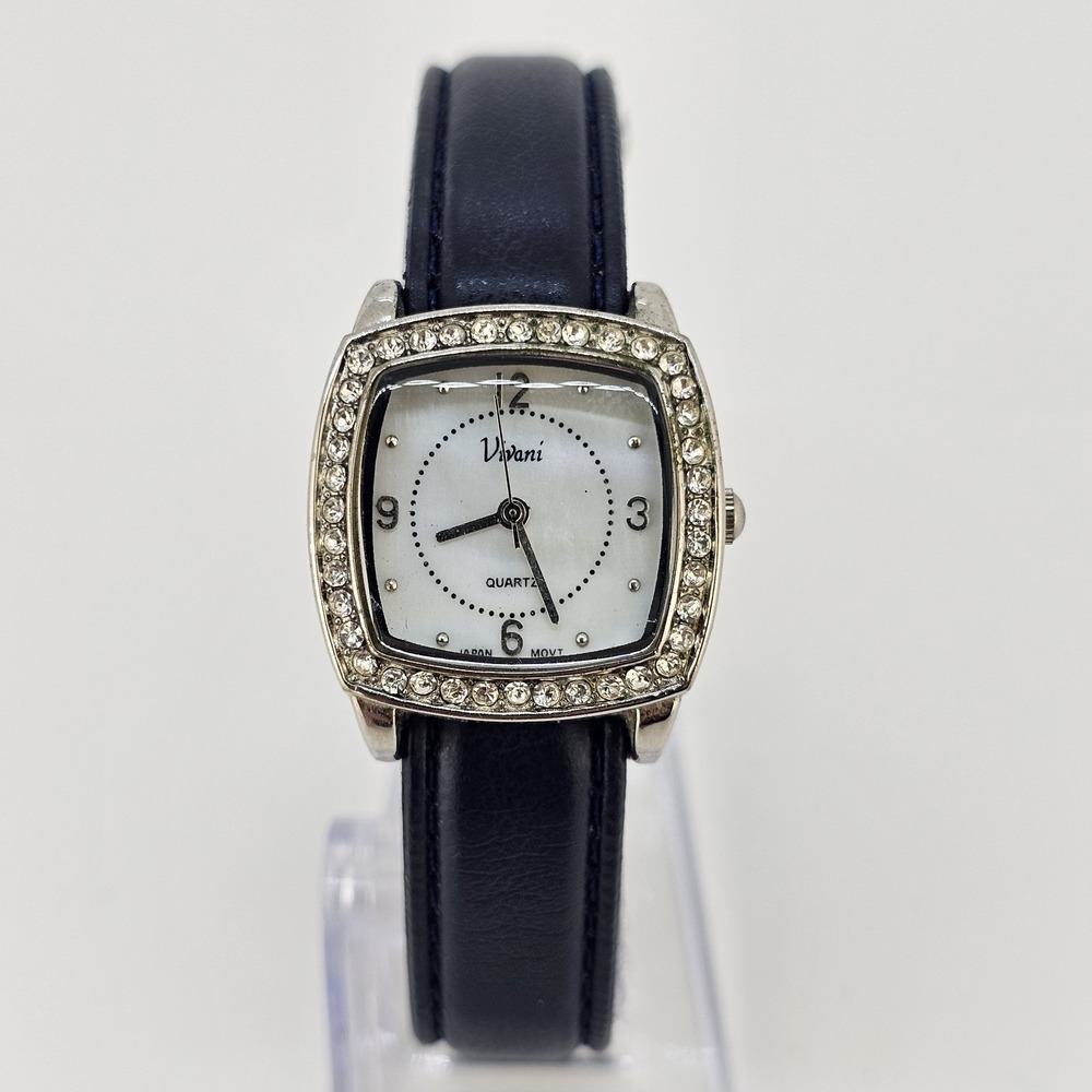 Vivani 25MM Women's Watch White Dial Dark Blue Faux Leather Band NEW Battery